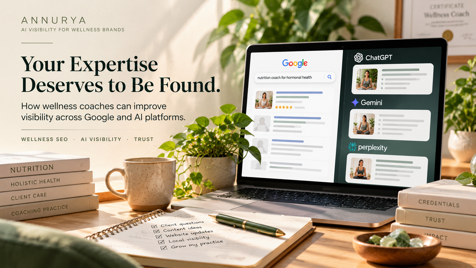 Wellness coach workspace with a laptop displaying Google search results and AI platforms, including ChatGPT, Gemini, and Perplexity, representing SEO, AI visibility, and professional credibility for wellness coaches.