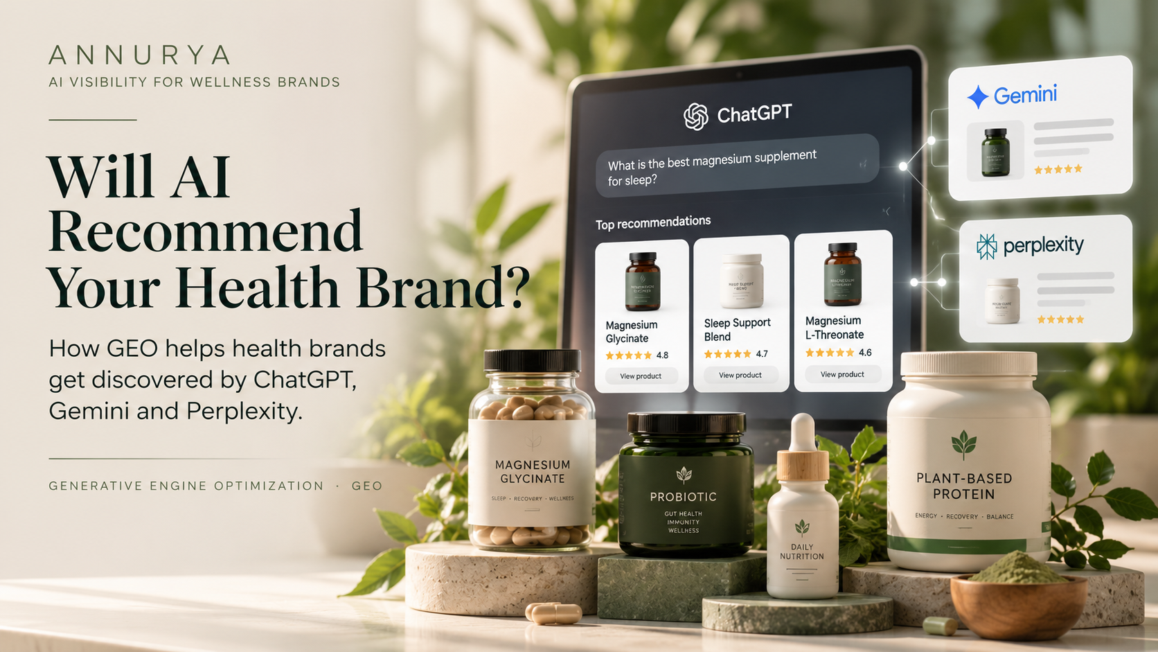 AI product recommendations for health and wellness brands, showing ChatGPT, Gemini, and Perplexity interfaces alongside supplement products, illustrating how Generative Engine Optimization (GEO) improves AI visibility.